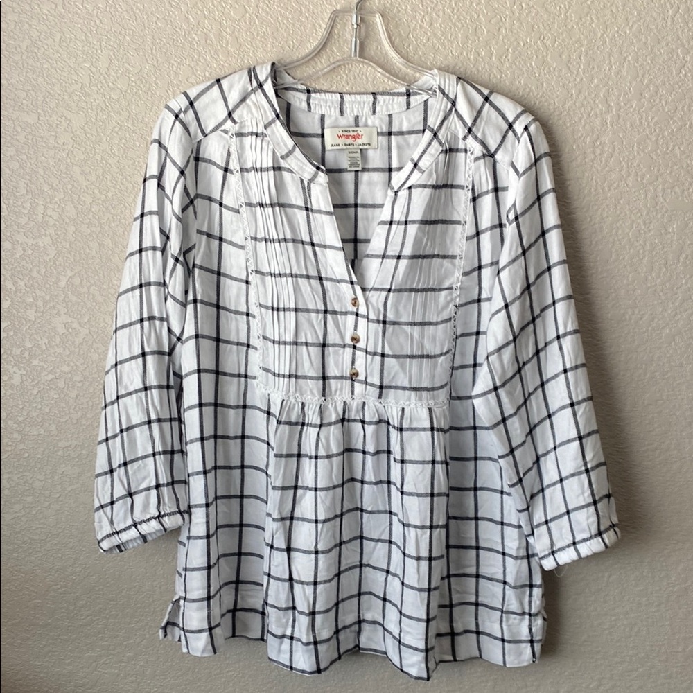 Wrangler Black & White Plaid Blouse, 3/4 Bracelet